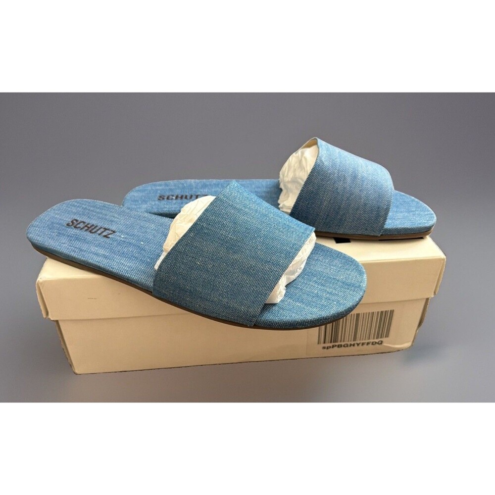 NIB Womens Schutz Nulce Blue Denim Slide Sandal Sz 8 M